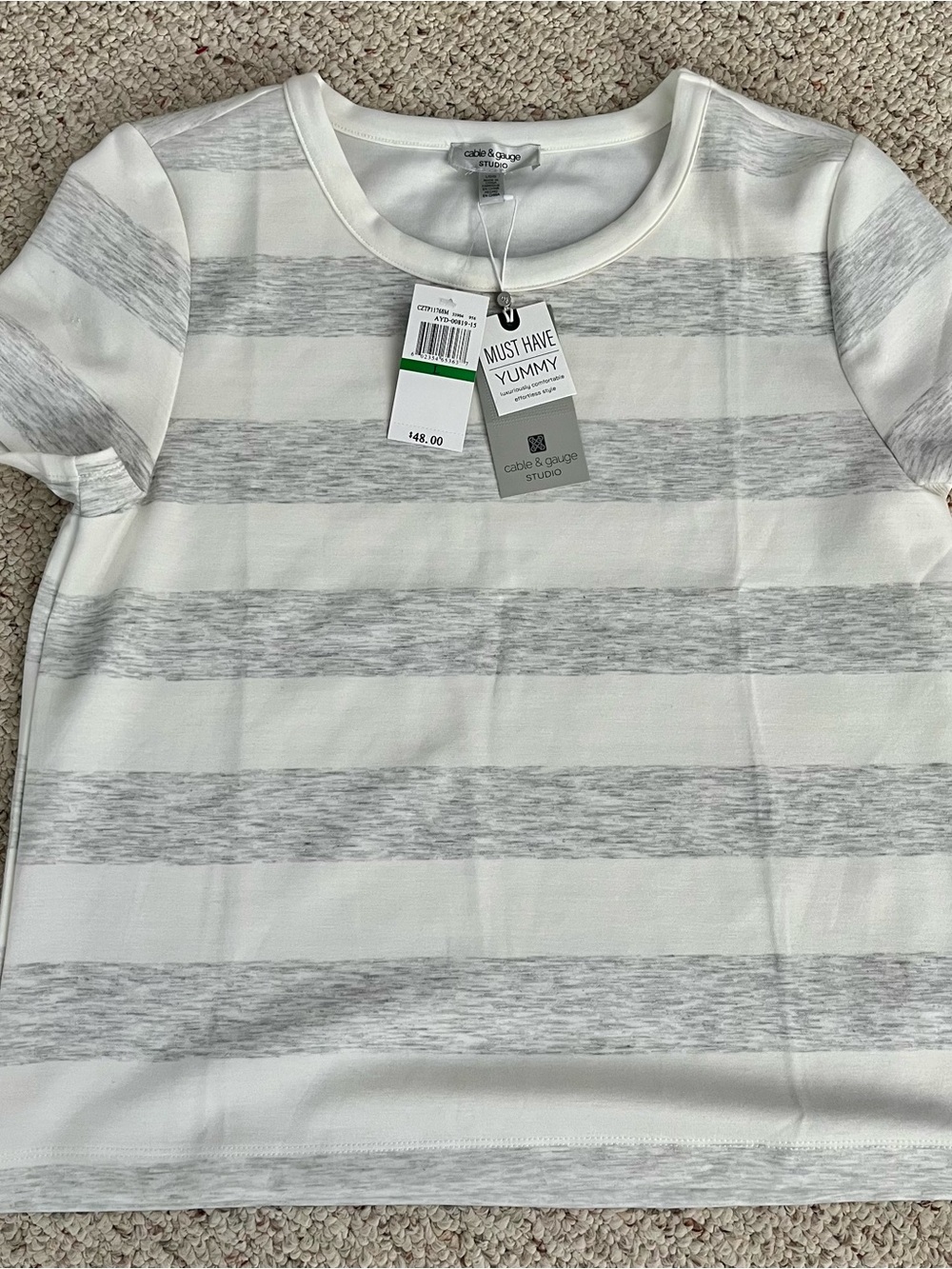 NEW Cable & Gauge Studio Cream & Gray striped Short Sleeve Top Soft Women's L